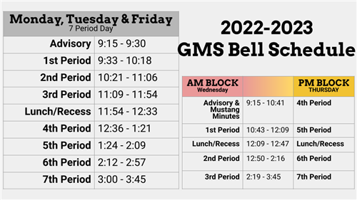 A chart showing the bell schedule with start and end times. Monday, Tuesday, and Friday follow a 7 period class schedule.